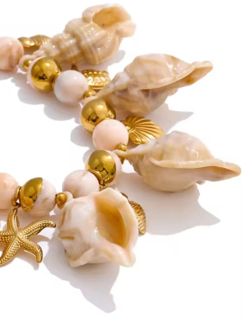 Couture Gold Cream Shell Charm Beaded Necklace - Picture 4 of 11